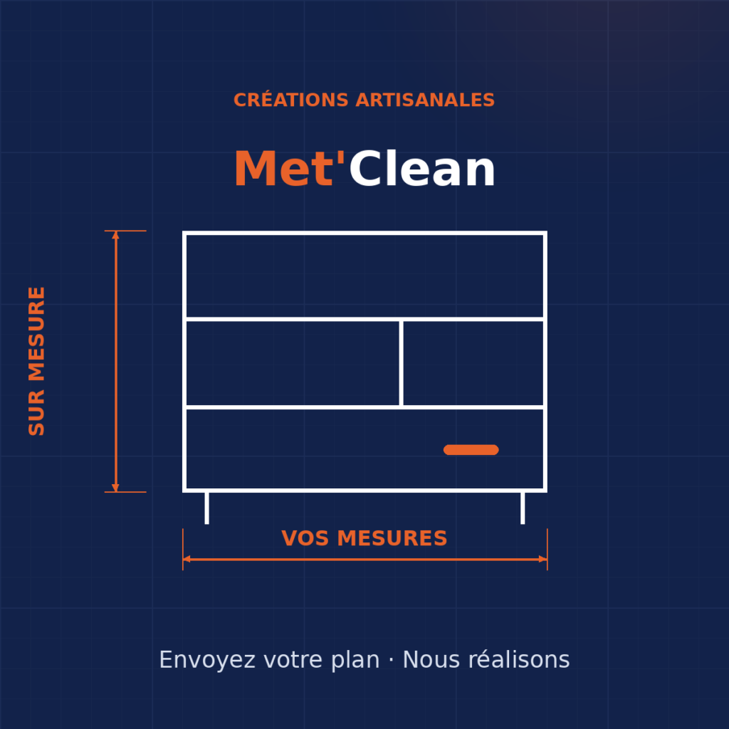 Schéma d'une création artisanale sur mesure avec cotes, aux couleurs Met'Clean